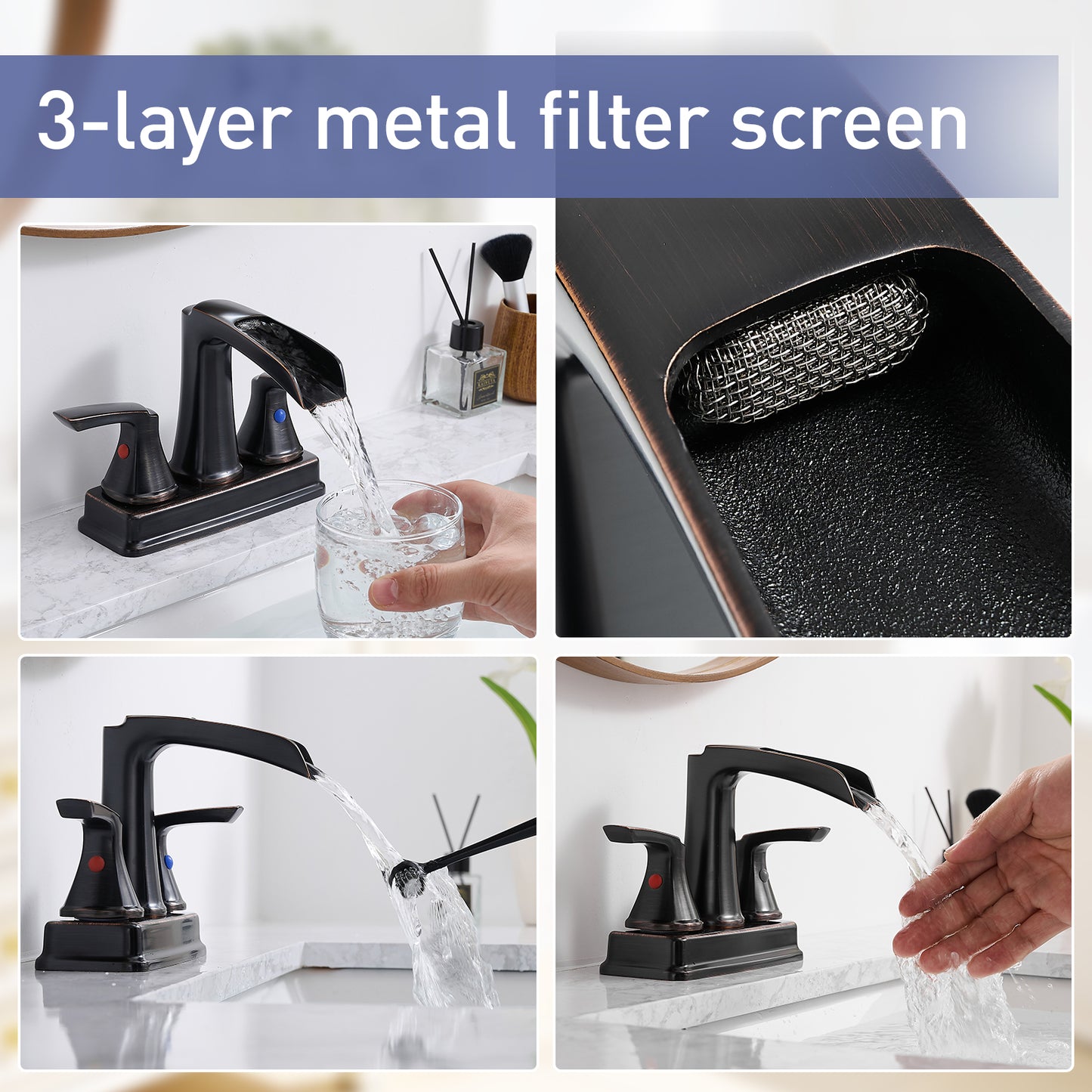 Solid Brass Oil-Rubbed Bronze 4-Inch Centerset Bathroom Sink Faucet, Two-Handle Waterfall Faucet with 360° Swivel Spout & Pop-Up Drain