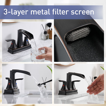Solid Brass Oil-Rubbed Bronze 4-Inch Centerset Bathroom Sink Faucet, Two-Handle Waterfall Faucet with 360° Swivel Spout & Pop-Up Drain