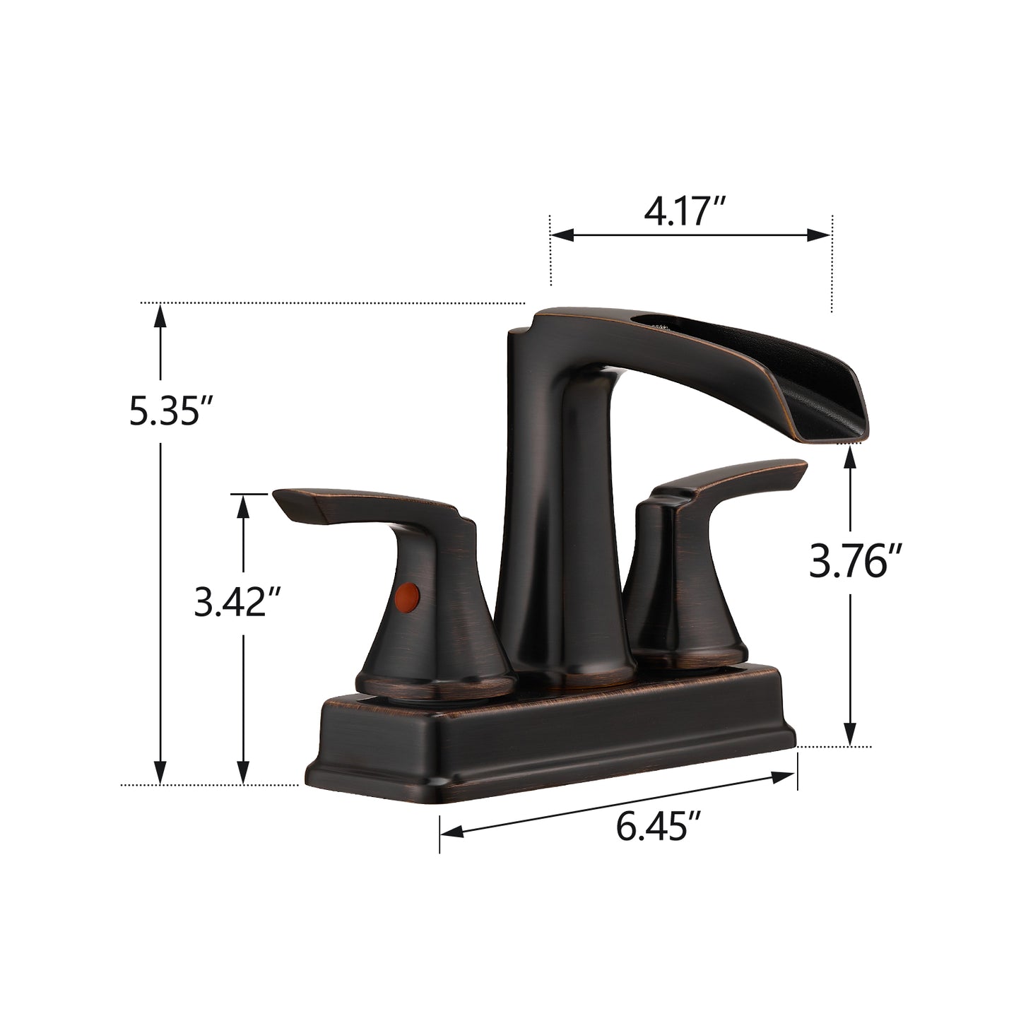 Solid Brass Oil-Rubbed Bronze 4-Inch Centerset Bathroom Sink Faucet, Two-Handle Waterfall Faucet with 360° Swivel Spout & Pop-Up Drain