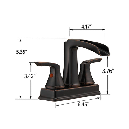 Solid Brass Oil-Rubbed Bronze 4-Inch Centerset Bathroom Sink Faucet, Two-Handle Waterfall Faucet with 360° Swivel Spout & Pop-Up Drain
