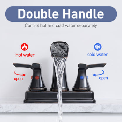 Solid Brass Oil-Rubbed Bronze 4-Inch Centerset Bathroom Sink Faucet, Two-Handle Waterfall Faucet with 360° Swivel Spout & Pop-Up Drain