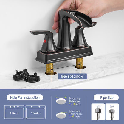 Solid Brass Oil-Rubbed Bronze 4-Inch Centerset Bathroom Sink Faucet, Two-Handle Waterfall Faucet with 360° Swivel Spout & Pop-Up Drain