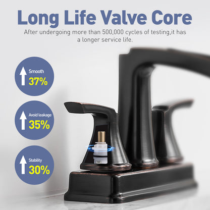 Solid Brass Oil-Rubbed Bronze 4-Inch Centerset Bathroom Sink Faucet, Two-Handle Waterfall Faucet with 360° Swivel Spout & Pop-Up Drain