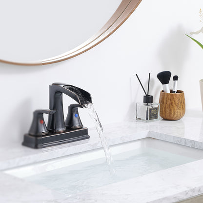 Solid Brass Oil-Rubbed Bronze 4-Inch Centerset Bathroom Sink Faucet, Two-Handle Waterfall Faucet with 360° Swivel Spout & Pop-Up Drain