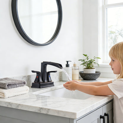 Solid Brass Oil-Rubbed Bronze 4-Inch Centerset Bathroom Sink Faucet, Two-Handle Waterfall Faucet with 360° Swivel Spout & Pop-Up Drain
