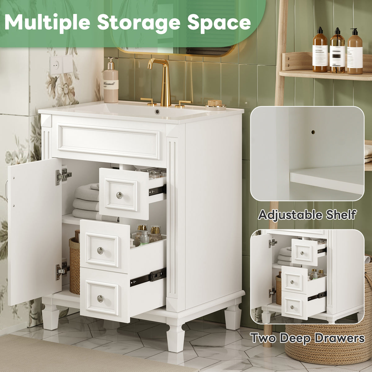 24" Bathroom Vanity with Sink, French Style Bathroom Vanity with 2 Deep Drawers & Adjustable Shelf, Ceramic Sink for 4-Inch Faucet, Soft Close Door,White