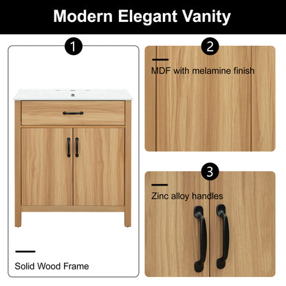 30" Bathroom Vanity with Sink, Modern Bathroom Vanity with Double Door Shelves & U-Shaped Adjustable Shelf, Ceramic Sink with Overflow, Soft Close Door,Acacia Wood