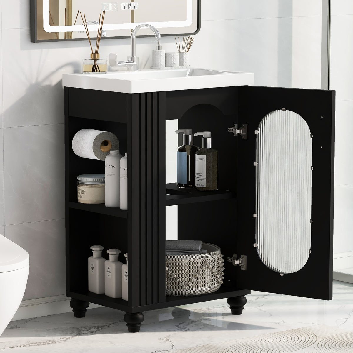 20" Bathroom Vanity with Sink, Small Bathroom Vanity Cabinet with 2-Tier Side Shelf & Toilet Paper Holder, Adjustable Shelf, Ceramic Sink Basin。Black