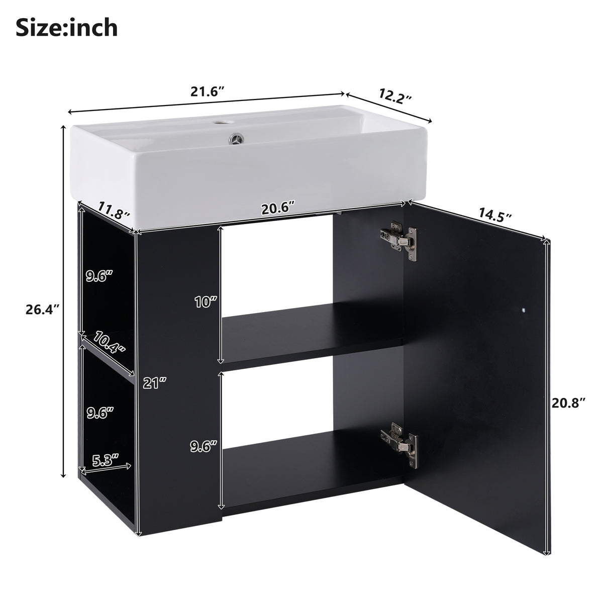 21.6" Floating Bathroom Vanity with Sink, Slim Wall Mounted Bathroom Vanity with Ceramic Basin & Overflow, Wave Pattern Door with Rose Gold Handle, Soft Close Door,Black
