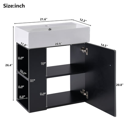 21.6" Floating Bathroom Vanity with Sink, Slim Wall Mounted Bathroom Vanity with Ceramic Basin & Overflow, Wave Pattern Door with Rose Gold Handle, Soft Close Door,Black