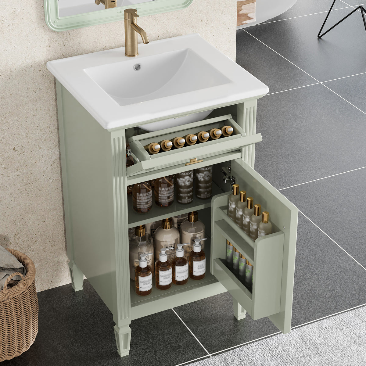 20" Bathroom Vanity with Sink, Small Freestanding Bathroom Vanity Cabinet with Tilt-Out Drawer & Adjustable Shelf, Soft Close Door, Gold Knobs,Green