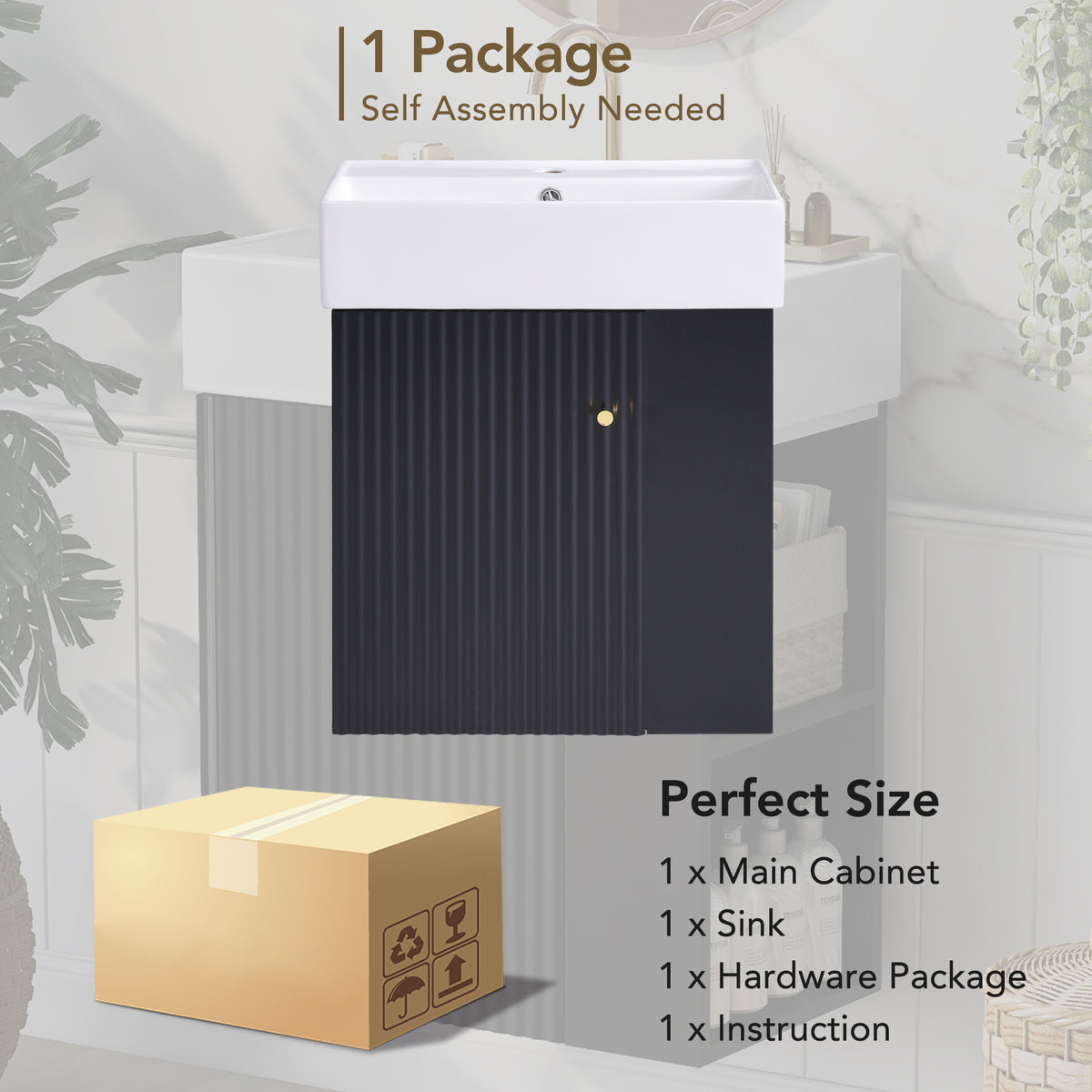 21.6" Floating Bathroom Vanity with Sink, Slim Wall Mounted Bathroom Vanity with Ceramic Basin & Overflow, Wave Pattern Door with Rose Gold Handle, Soft Close Door,Black