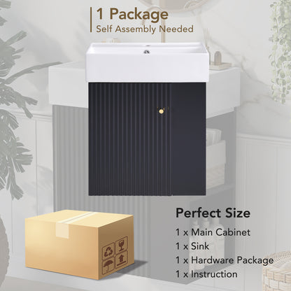 21.6" Floating Bathroom Vanity with Sink, Slim Wall Mounted Bathroom Vanity with Ceramic Basin & Overflow, Wave Pattern Door with Rose Gold Handle, Soft Close Door,Black