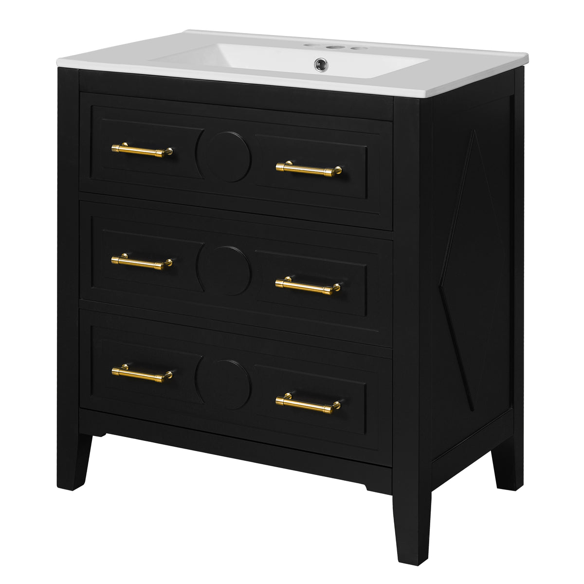 30" Bathroom Vanity with Sink, Black Bathroom Vanity with 3 Drawers & Carved Detail, Ceramic Sink for 4" Centerset Faucet with Overflow, Solid Pine Wood Frame,Black