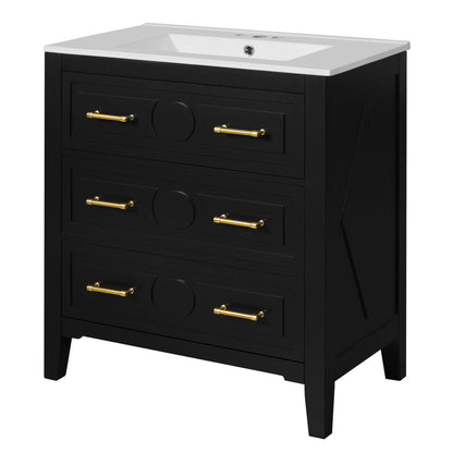 30" Bathroom Vanity with Sink, Black Bathroom Vanity with 3 Drawers & Carved Detail, Ceramic Sink for 4" Centerset Faucet with Overflow, Solid Pine Wood Frame,Black