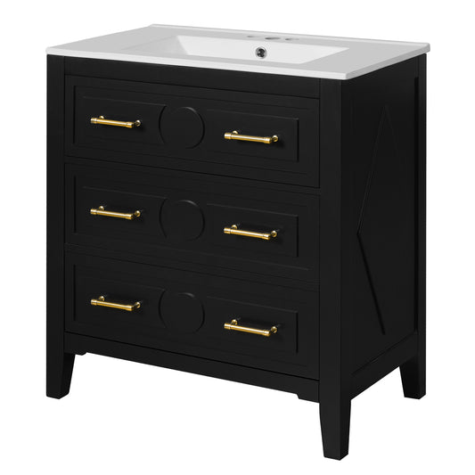 30" Bathroom Vanity with Sink, Black Bathroom Vanity with 3 Drawers & Carved Detail, Ceramic Sink for 4" Centerset Faucet with Overflow, Solid Pine Wood Frame,Black