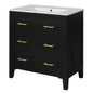 30" Bathroom Vanity with Sink, Black Bathroom Vanity with 3 Drawers & Carved Detail, Ceramic Sink for 4" Centerset Faucet with Overflow, Solid Pine Wood Frame,Black