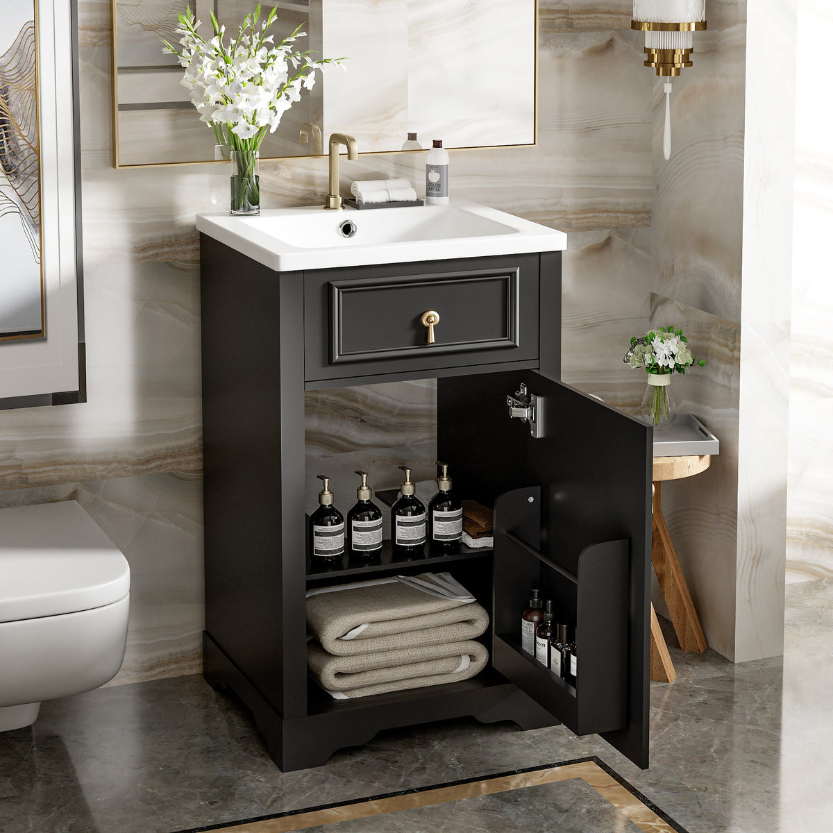20" Bathroom Vanity with Sink, Classic Modern Bathroom Vanity Cabinet with U-Shaped Adjustable Shelf & Door Rack, Soft Close Door, Aluminum Handle,Black
