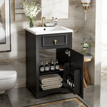 20" Bathroom Vanity with Sink, Classic Modern Bathroom Vanity Cabinet with U-Shaped Adjustable Shelf & Door Rack, Soft Close Door, Aluminum Handle,Black