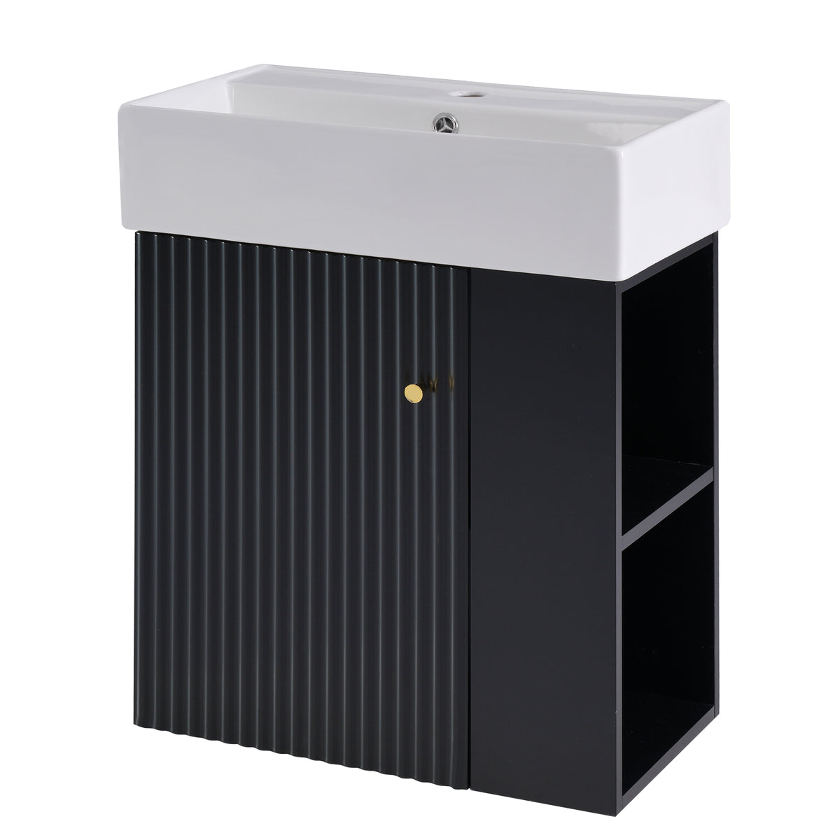 21.6" Floating Bathroom Vanity with Sink, Slim Wall Mounted Bathroom Vanity with Ceramic Basin & Overflow, Wave Pattern Door with Rose Gold Handle, Soft Close Door,Black