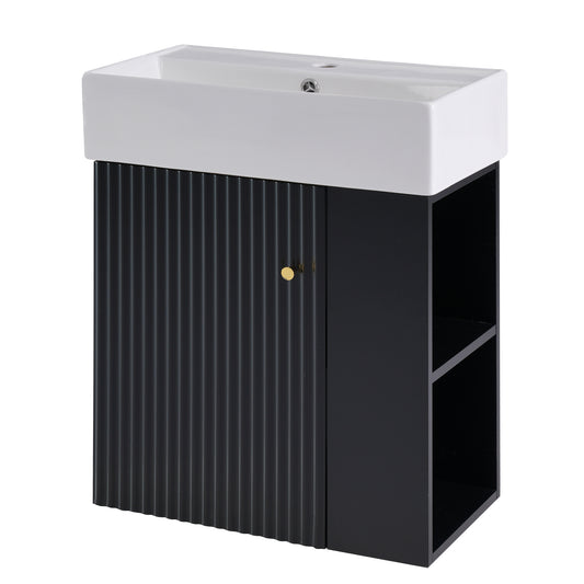 21.6" Floating Bathroom Vanity with Sink, Slim Wall Mounted Bathroom Vanity with Ceramic Basin & Overflow, Wave Pattern Door with Rose Gold Handle, Soft Close Door,Black