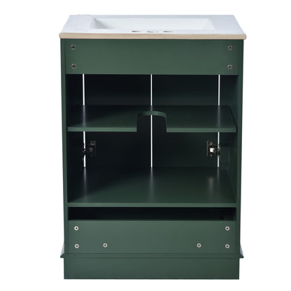 24" Bathroom Vanity with Sink, Modern Bathroom Vanity with White Ceramic Sink & Drawer, 3-Level Adjustable Shelf, Solid Wood Frame, for Small Bathroom,Green