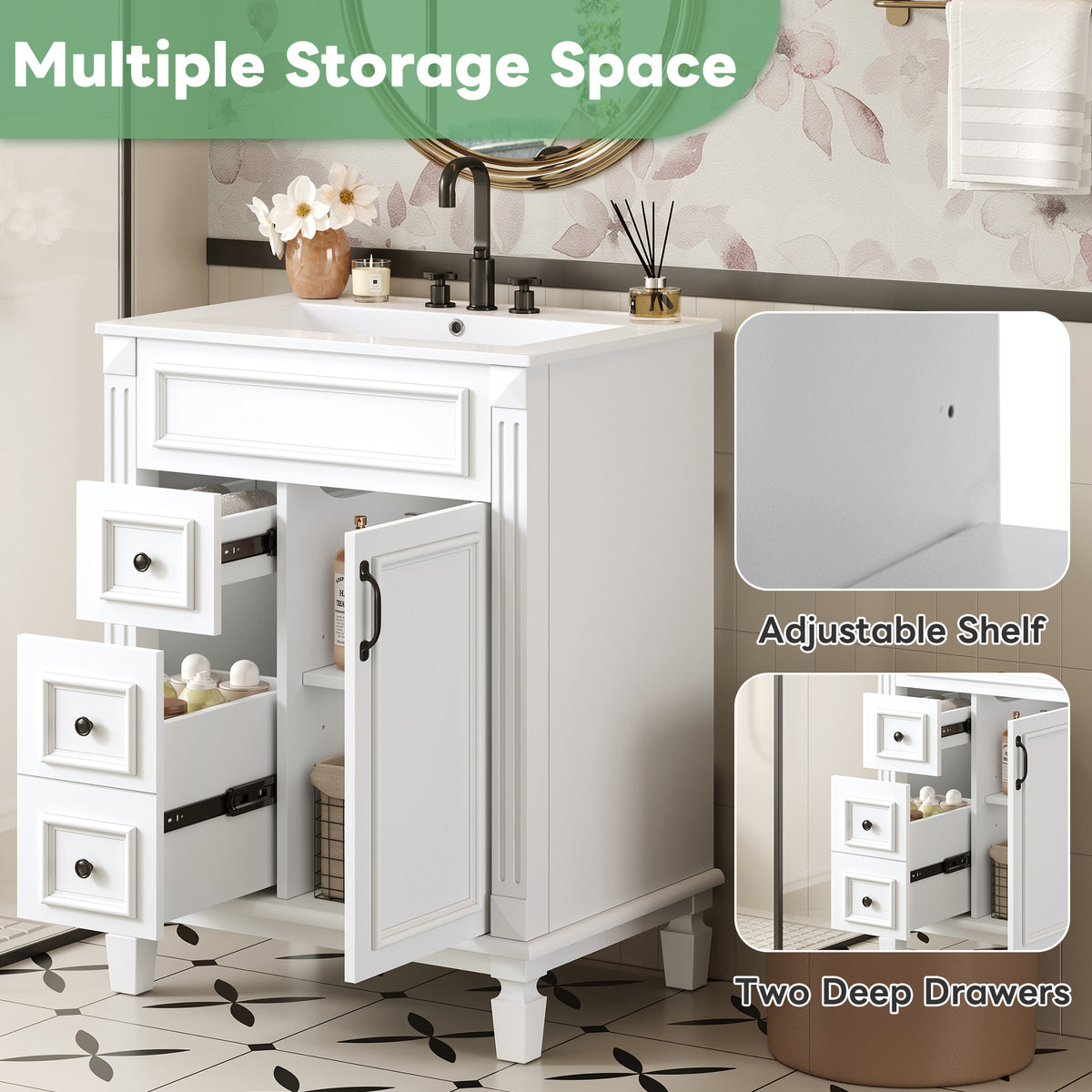 24" Bathroom Vanity with Sink, French Style Bathroom Vanity with 2 Deep Drawers & Adjustable Shelf, Ceramic Sink for 4-Inch Faucet, Soft Close Door,White