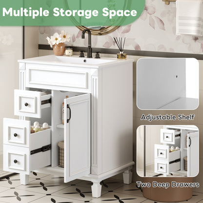 24" Bathroom Vanity with Sink, French Style Bathroom Vanity with 2 Deep Drawers & Adjustable Shelf, Ceramic Sink for 4-Inch Faucet, Soft Close Door,White