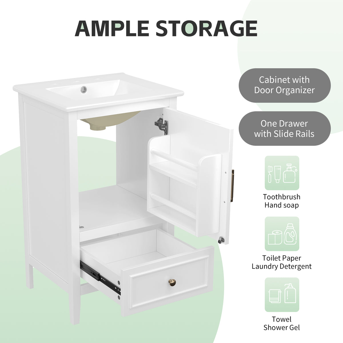 20" Bathroom Vanity with Sink, Half-Moon Ceramic Sink Basin with 3-Hole Faucet Mount, Bathroom Storage Cabinet with Drawer & Door Rack, Retro Gold Handle, White