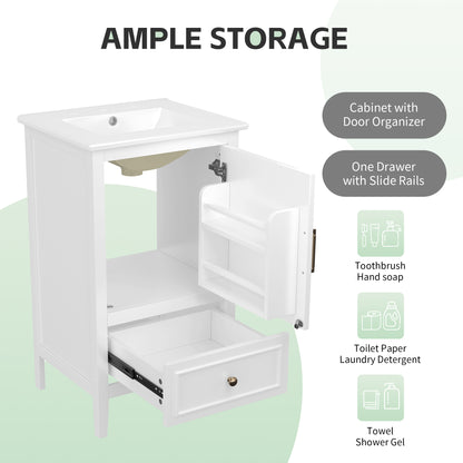 20" Bathroom Vanity with Sink, Half-Moon Ceramic Sink Basin with 3-Hole Faucet Mount, Bathroom Storage Cabinet with Drawer & Door Rack, Retro Gold Handle, White