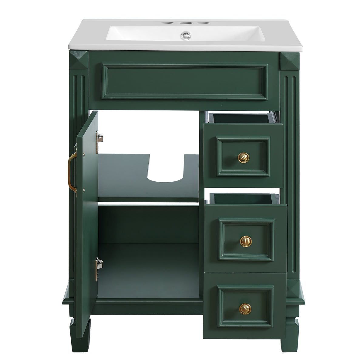 24" Bathroom Vanity with Sink, French Style Bathroom Vanity with 2 Deep Drawers & Adjustable Shelf, Ceramic Sink for 4-Inch Faucet, Soft Close Door,Green