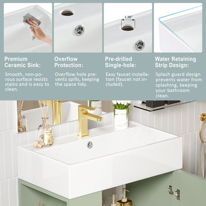 21.6" Bathroom Vanity with Sink, Slim Freestanding Bathroom Vanity Cabinet with Ceramic Sink & Overflow, Gold Metal Legs, Soft Close Door, for Small Bathroom,,Green