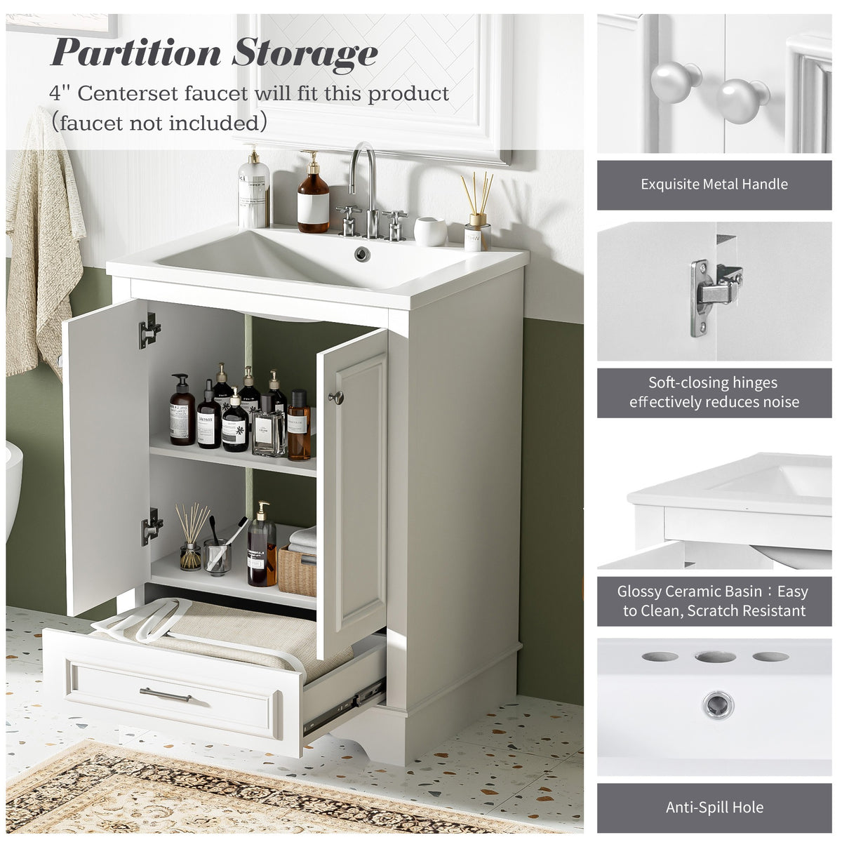 24" Bathroom Vanity with Sink, Modern Bathroom Vanity with White Ceramic Sink & Drawer, 3-Level Adjustable Shelf, Solid Wood Frame, for Small Bathroom,White