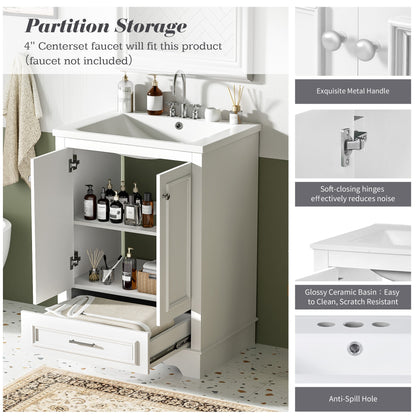 24" Bathroom Vanity with Sink, Modern Bathroom Vanity with White Ceramic Sink & Drawer, 3-Level Adjustable Shelf, Solid Wood Frame, for Small Bathroom,White