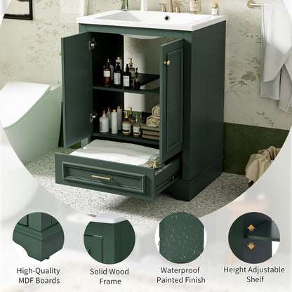24" Bathroom Vanity with Sink, Modern Bathroom Vanity with White Ceramic Sink & Drawer, 3-Level Adjustable Shelf, Solid Wood Frame, for Small Bathroom,Green
