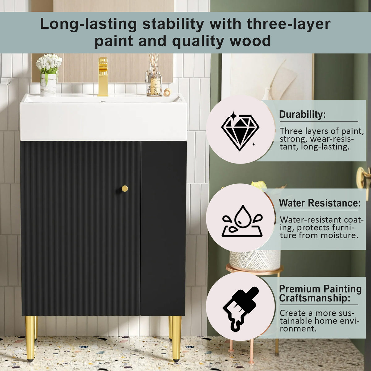 21.6" Bathroom Vanity with Sink, Slim Freestanding Bathroom Vanity Cabinet with Ceramic Sink & Overflow, Gold Metal Legs, Soft Close Door, for Small Bathroom,,Black