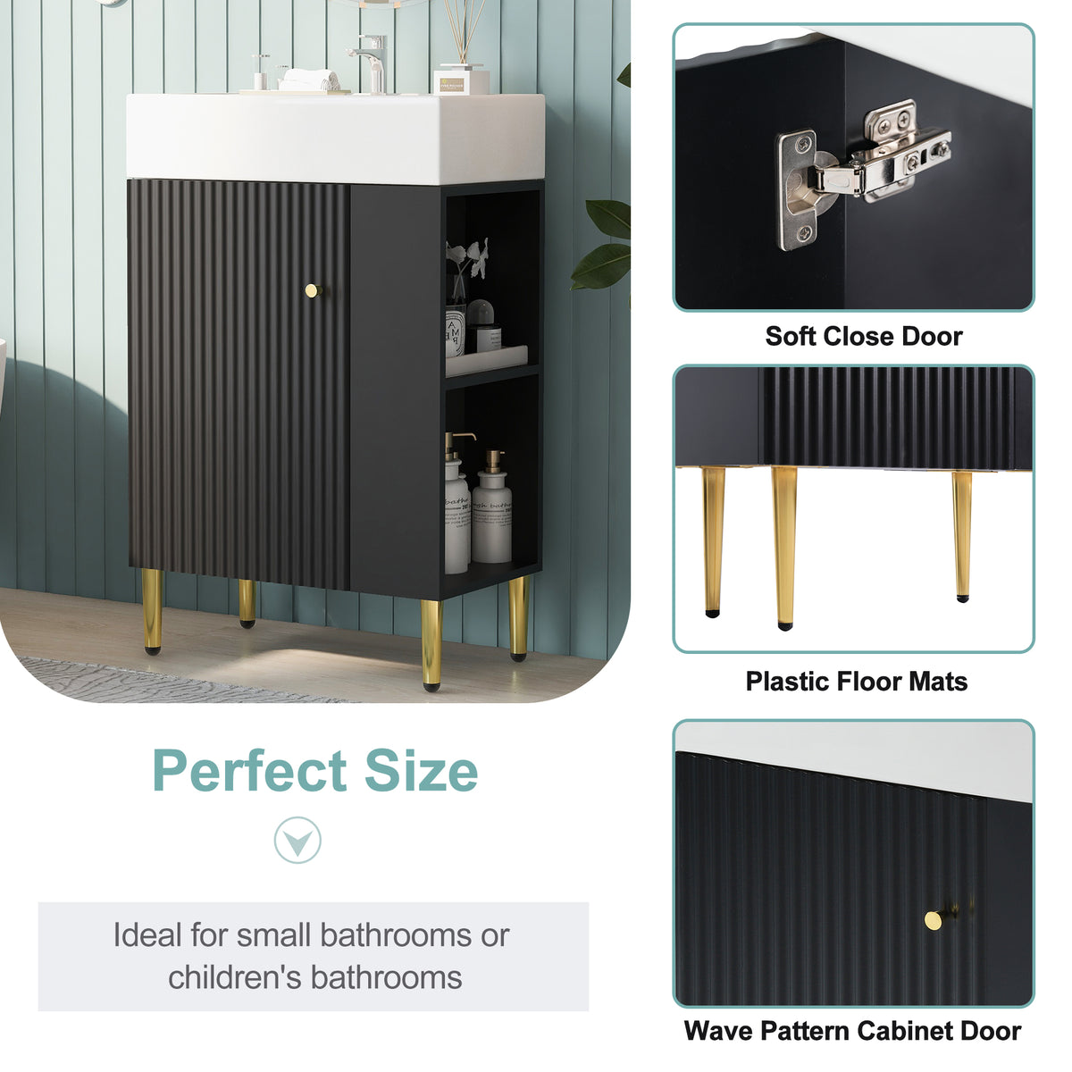 21.6" Bathroom Vanity with Sink, Slim Freestanding Bathroom Vanity Cabinet with Ceramic Sink & Overflow, Gold Metal Legs, Soft Close Door, for Small Bathroom,,Black
