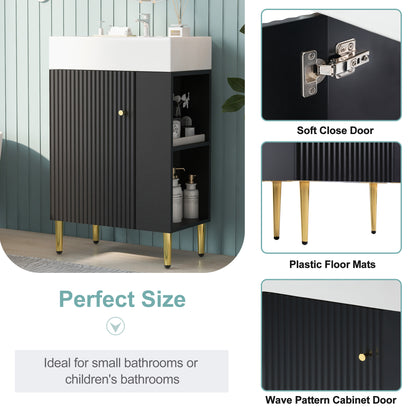 21.6" Bathroom Vanity with Sink, Slim Freestanding Bathroom Vanity Cabinet with Ceramic Sink & Overflow, Gold Metal Legs, Soft Close Door, for Small Bathroom,,Black