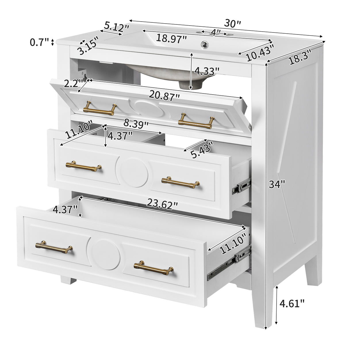 30" Bathroom Vanity with Sink, Black Bathroom Vanity with 3 Drawers & Carved Detail, Ceramic Sink for 4" Centerset Faucet with Overflow, Solid Pine Wood Frame,White