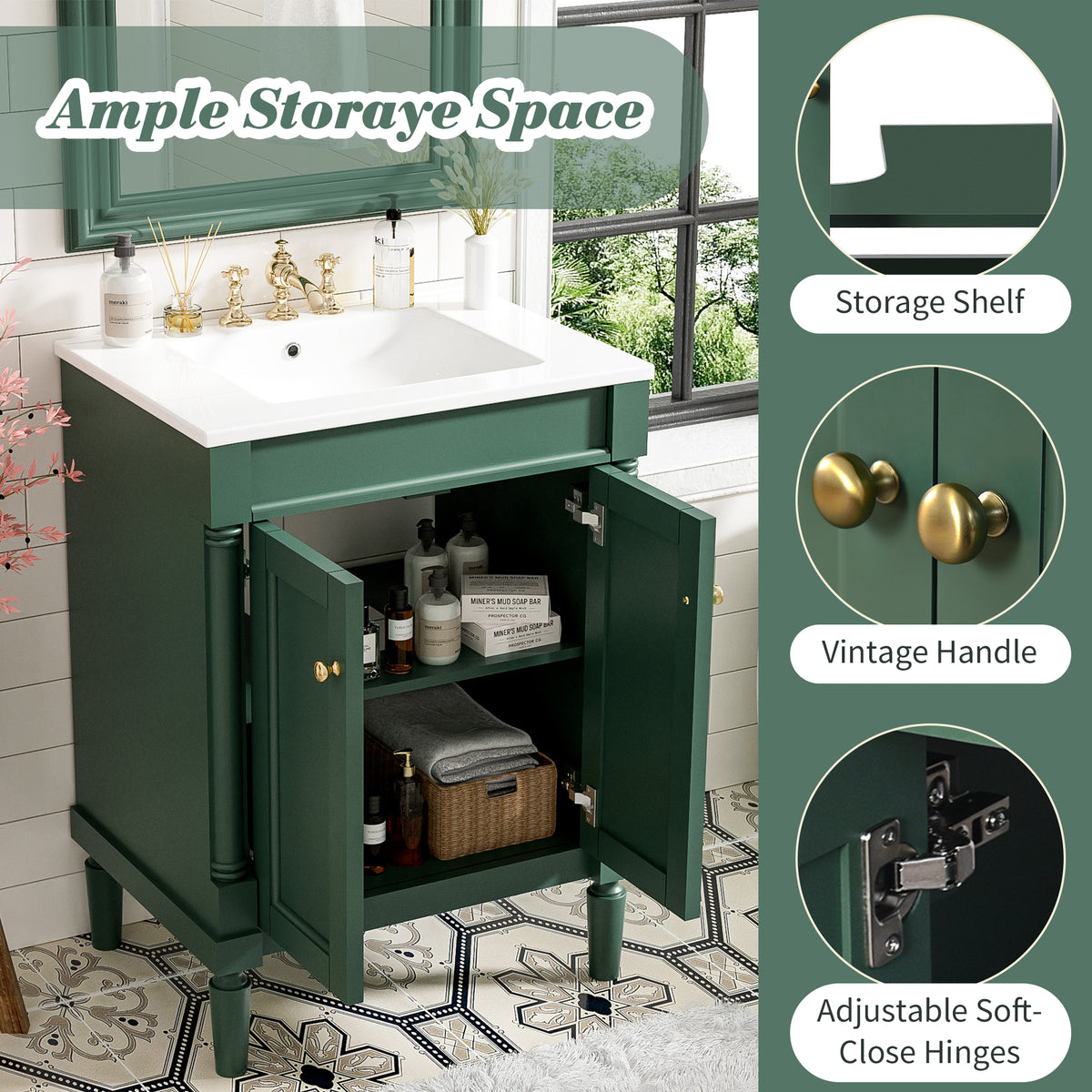 24" Bathroom Vanity with Sink, Modern Bathroom Vanity Cabinet with Enclosed Storage Door, 32mm Faucet Hole Ceramic Basin, Easy Assembly,Green