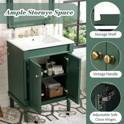 24" Bathroom Vanity with Sink, Modern Bathroom Vanity Cabinet with Enclosed Storage Door, 32mm Faucet Hole Ceramic Basin, Easy Assembly,Green