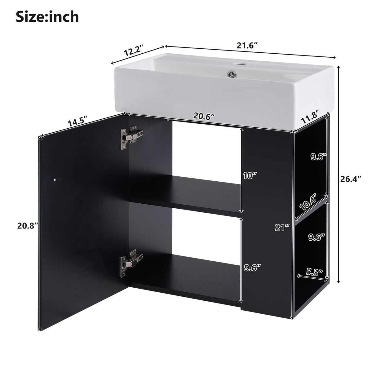 21.6" Floating Bathroom Vanity with Sink, Slim Wall Mounted Bathroom Vanity with Ceramic Basin & Overflow, Wave Pattern Door with Rose Gold Handle, Soft Close Door,Black