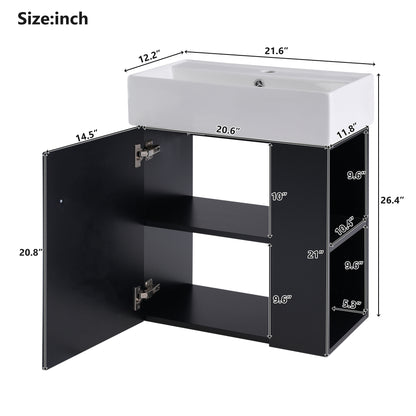 21.6" Floating Bathroom Vanity with Sink, Slim Wall Mounted Bathroom Vanity with Ceramic Basin & Overflow, Wave Pattern Door with Rose Gold Handle, Soft Close Door,Black