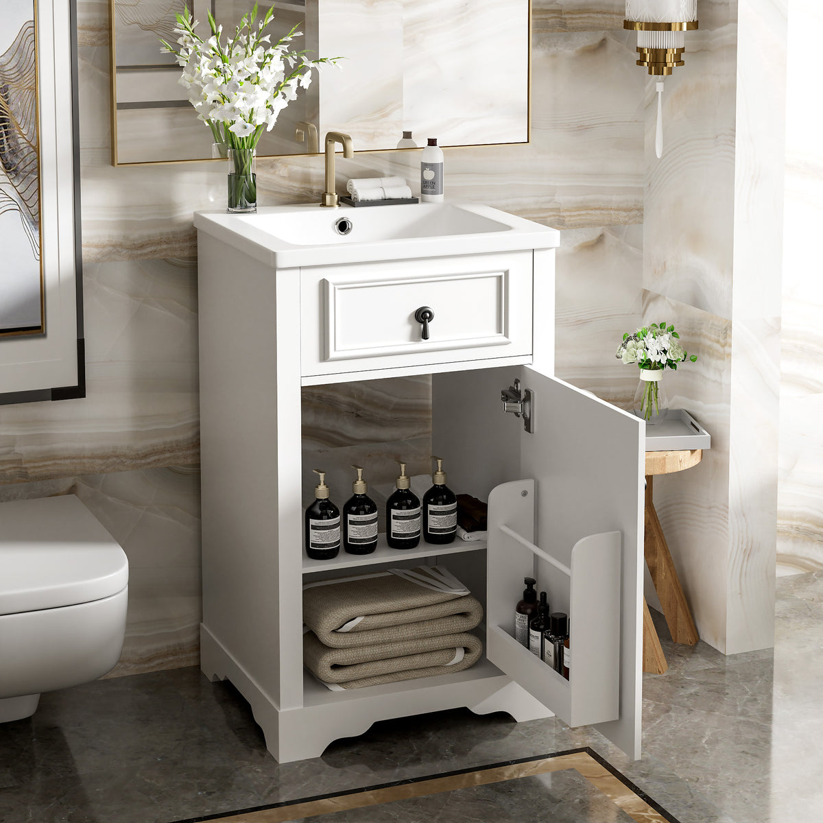 20" Bathroom Vanity with Sink, Classic Modern Bathroom Vanity Cabinet with U-Shaped Adjustable Shelf & Door Rack, Soft Close Door, Aluminum Handle,White