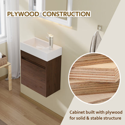 18" Floating Bathroom Vanity with Sink, Modern Wall Mounted Bathroom Vanity with Glossy White Ceramic Sink & Countertop, Soft Close Door, Plywood Storage Cabinet,Brown
