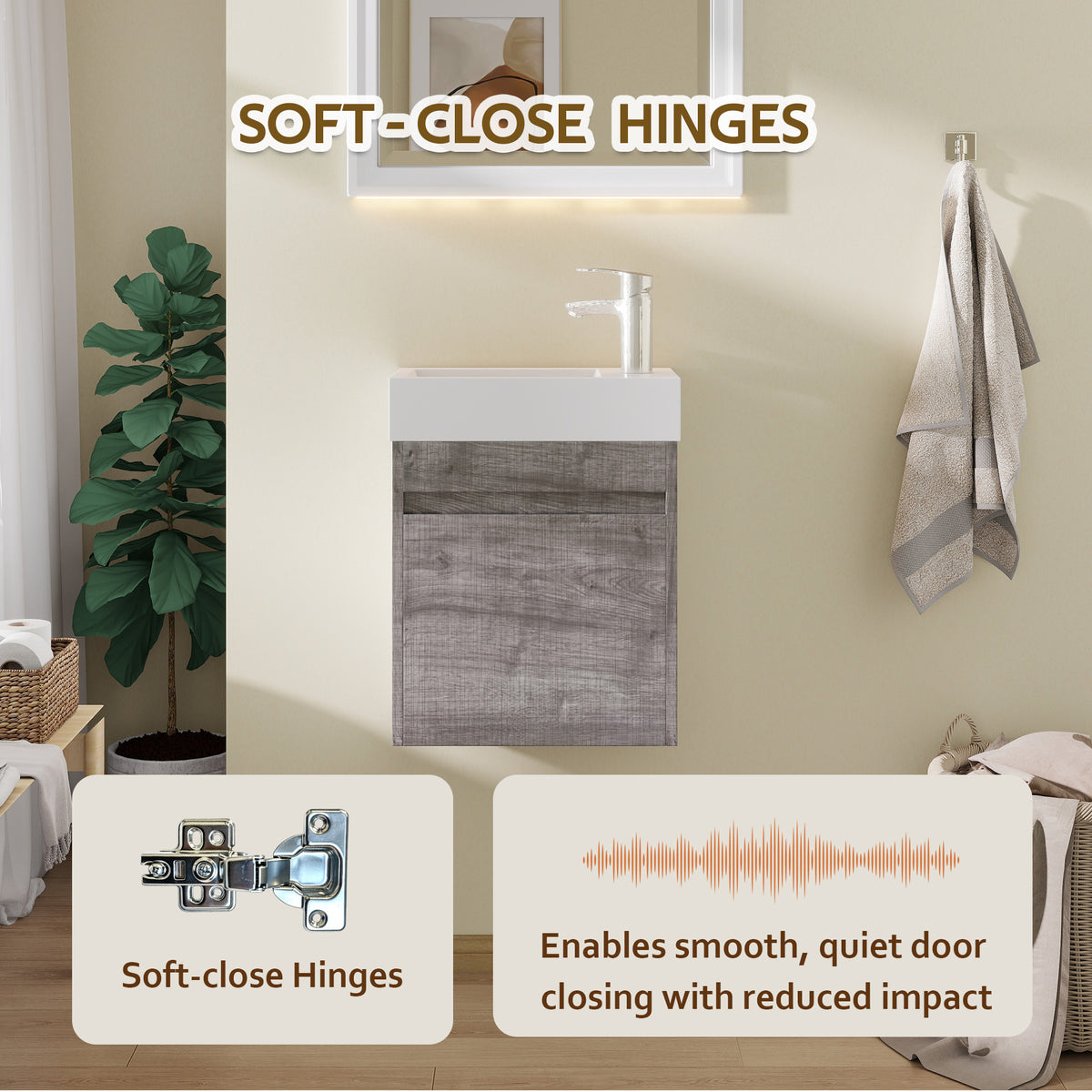 18" Floating Bathroom Vanity with Sink, Modern Wall Mounted Bathroom Vanity with Glossy White Ceramic Sink & Countertop, Soft Close Door, Plywood Storage Cabinet,Grey