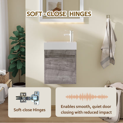 18" Floating Bathroom Vanity with Sink, Modern Wall Mounted Bathroom Vanity with Glossy White Ceramic Sink & Countertop, Soft Close Door, Plywood Storage Cabinet,Grey