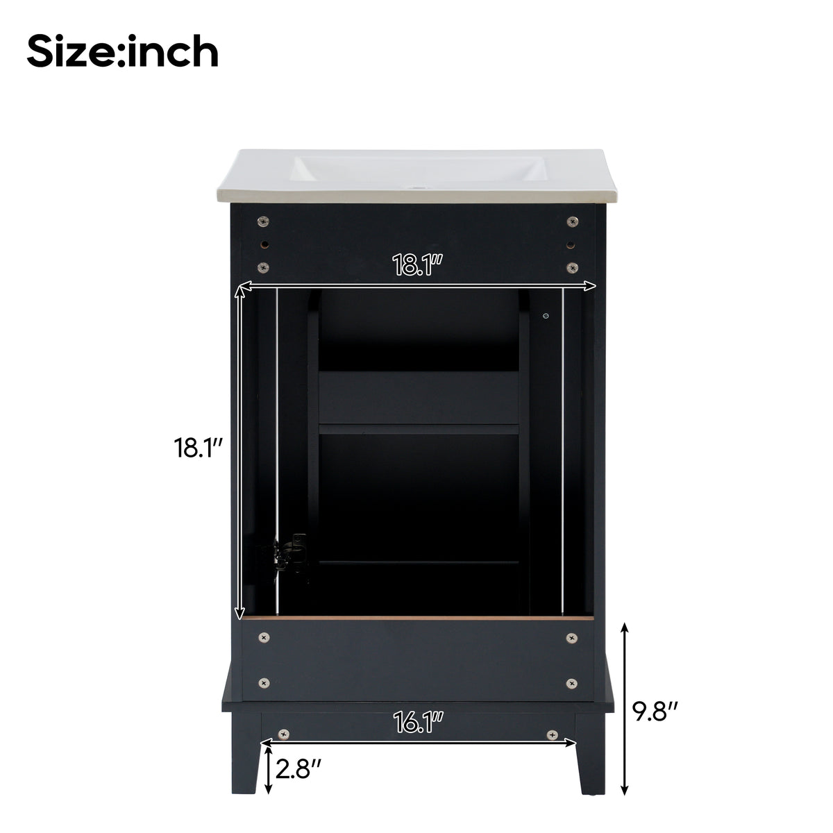 20" Bathroom Vanity with Sink, Minimalist Bathroom Vanity Cabinet with Double Door Shelves & Overflow Ceramic Sink, Soft Close Door, Solid Wood Legs,Black