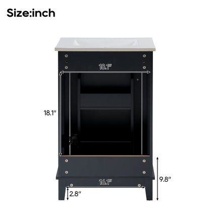 20" Bathroom Vanity with Sink, Minimalist Bathroom Vanity Cabinet with Double Door Shelves & Overflow Ceramic Sink, Soft Close Door, Solid Wood Legs,Black