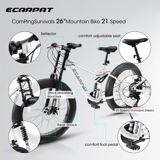 26x4 Inch Fat Tire Mountain Bike Shimano 21 Speed Dual Disc Brake Dual Suspension Trail Bike, Urban Commuter City Bicycle Adult or Youth Whitre